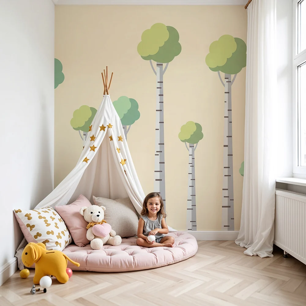 Papel de parede quarto bebê | Стилизирани дървета с меки листа в пастелен фон