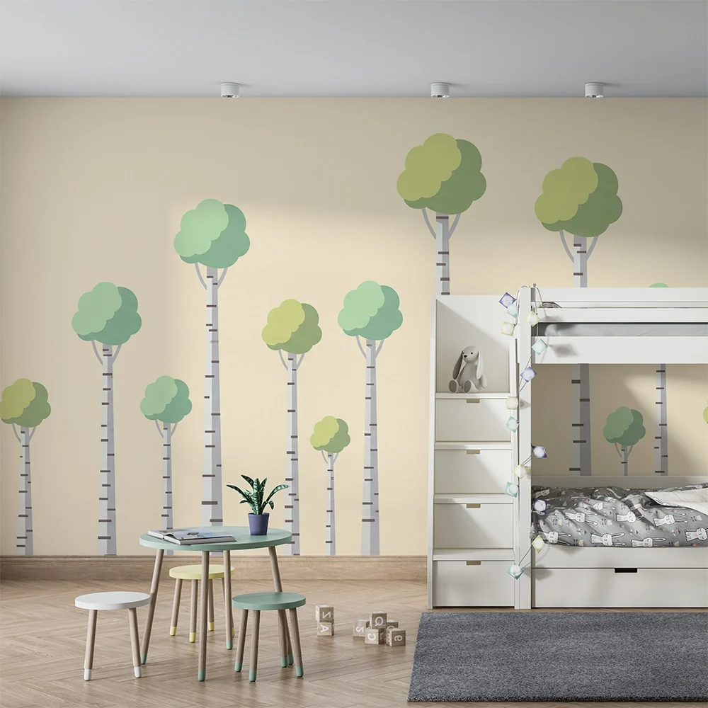 Papel de parede quarto bebê | Стилизирани дървета с меки листа в пастелен фон