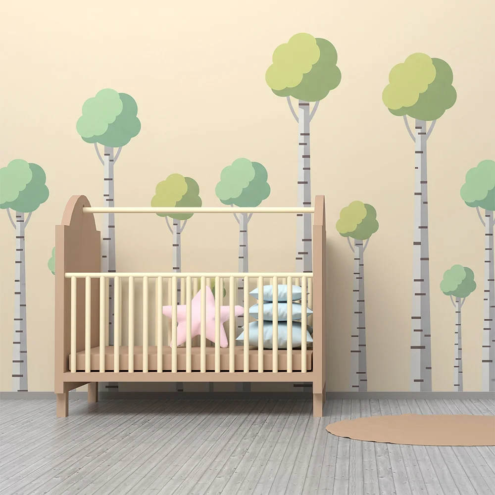 Papel de parede quarto bebê | Стилизирани дървета с меки листа в пастелен фон