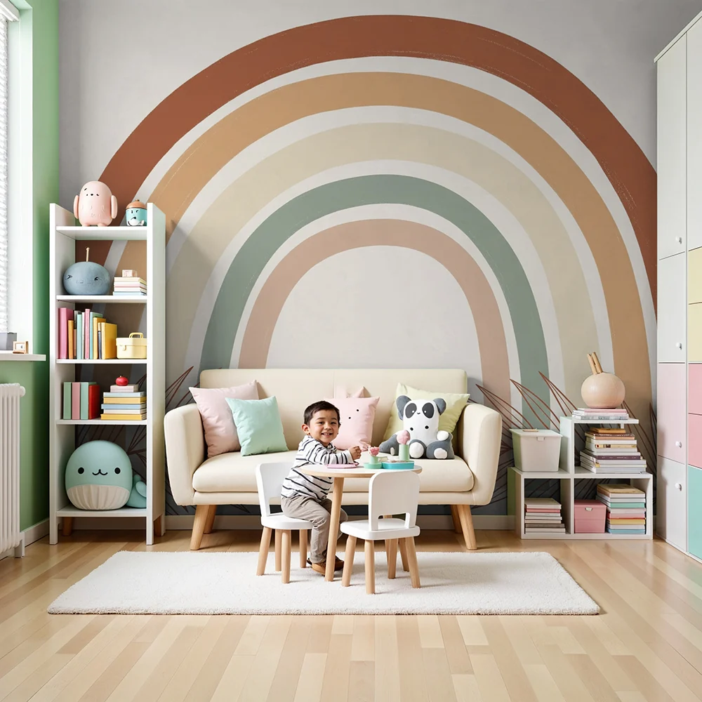 Papel de parede quarto bebê | Пастелен дъга, заобиколен от тропическо листва