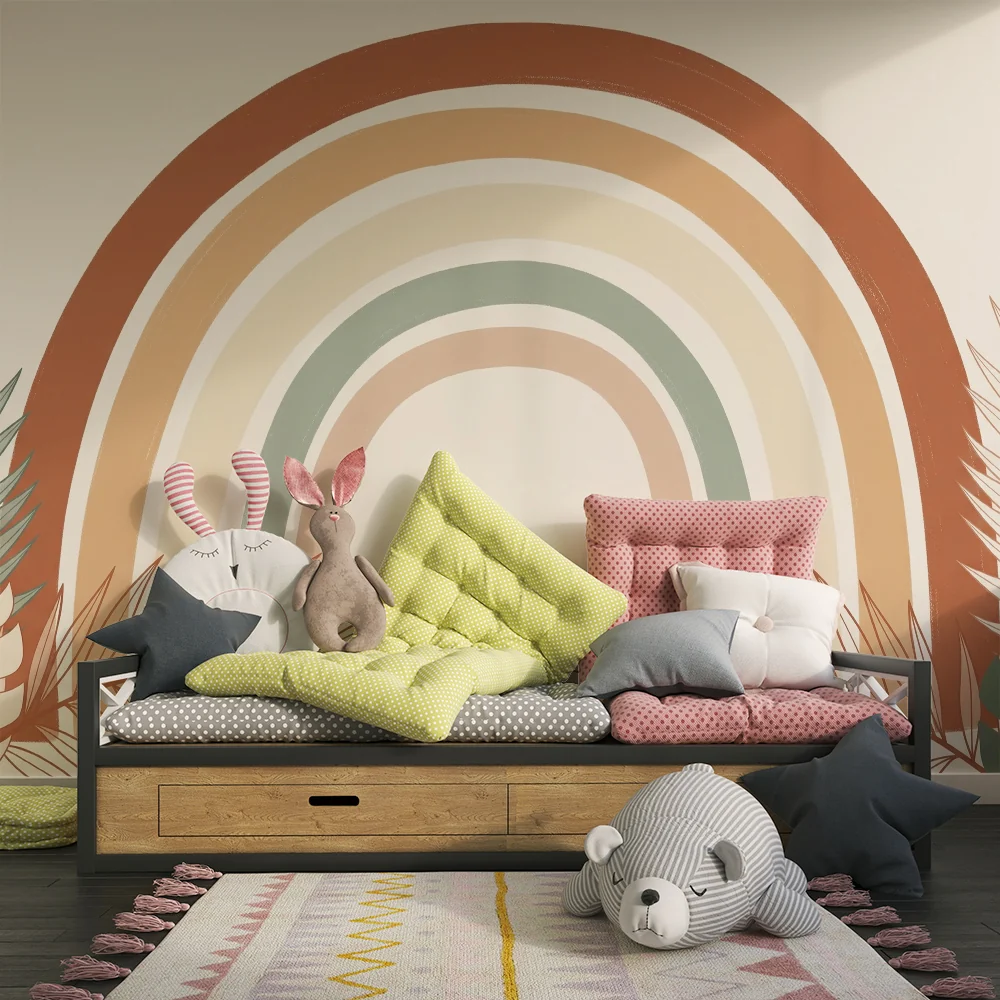 Papel de parede quarto bebê | Пастелен дъга, заобиколен от тропическо листва