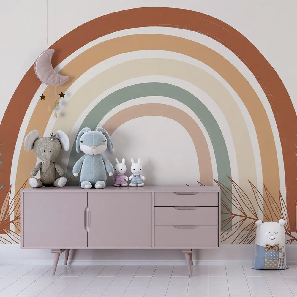 Papel de parede quarto bebê | Пастелен дъга, заобиколен от тропическо листва