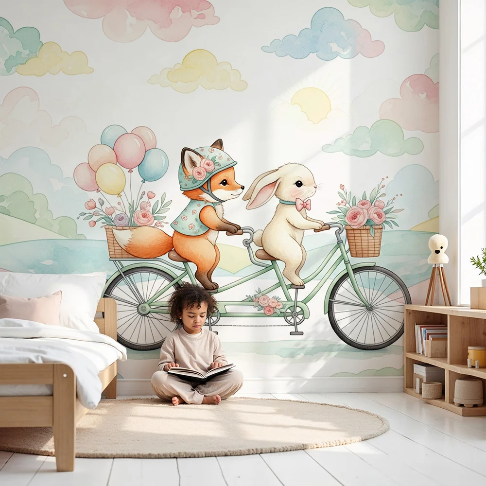 Papel de parede quarto bebê | Приключение с велосипед с лисица и заек