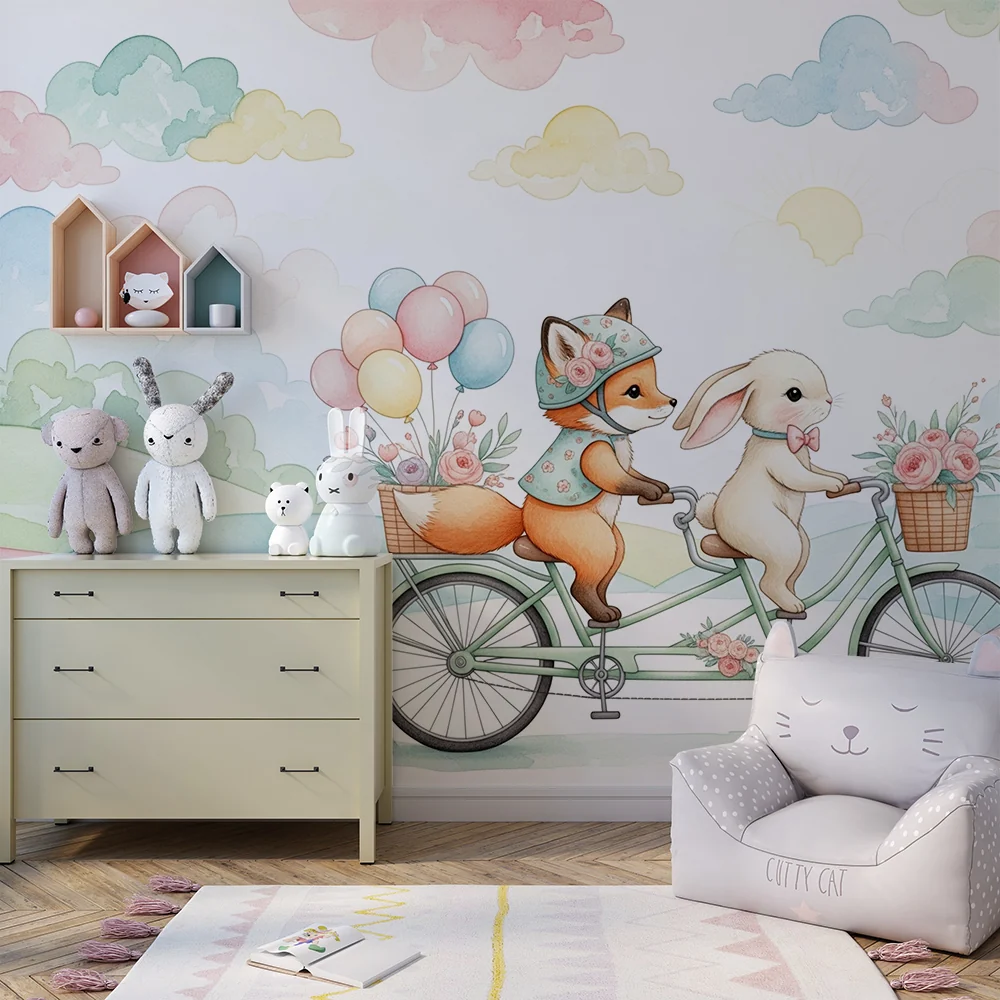 Papel de parede quarto bebê | Приключение с велосипед с лисица и заек