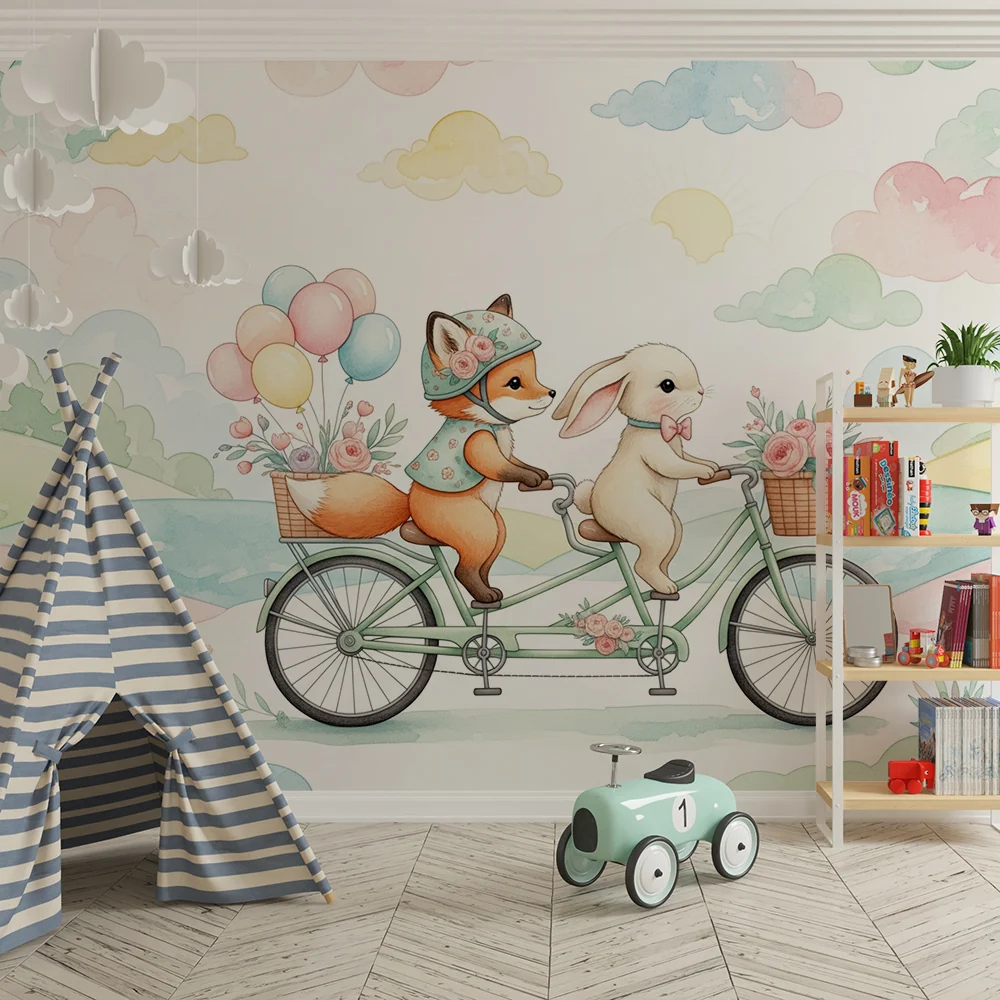 Papel de parede quarto bebê | Приключение с велосипед с лисица и заек