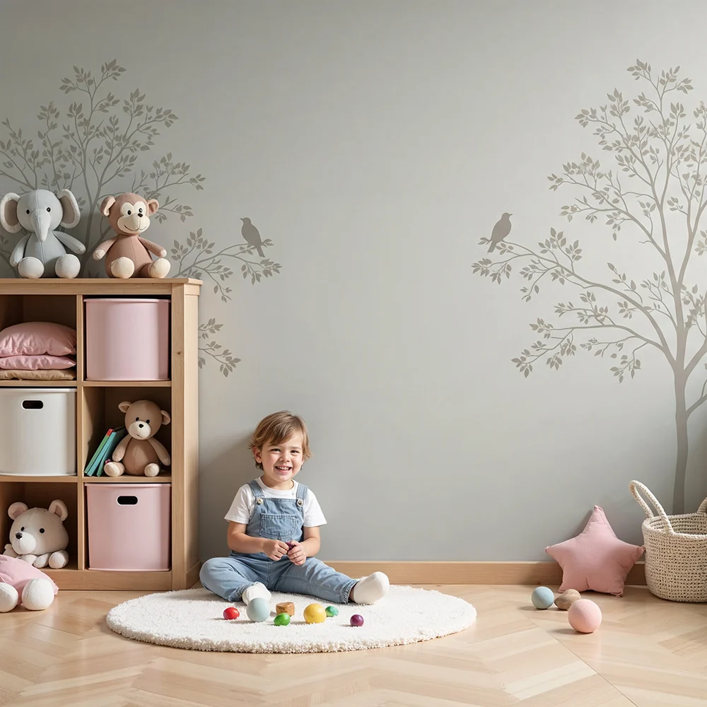 Papel de parede quarto bebê | Нежни дървета с птици на мек фон