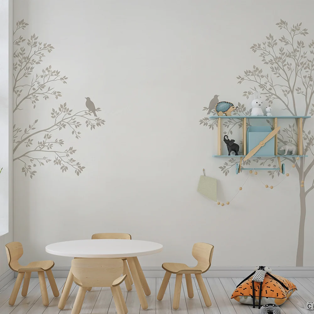 Papel de parede quarto bebê | Нежни дървета с птици на мек фон