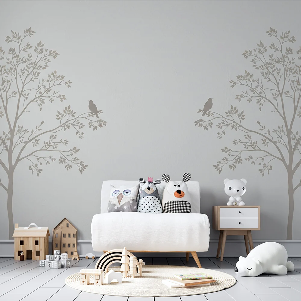 Papel de parede quarto bebê | Нежни дървета с птици на мек фон