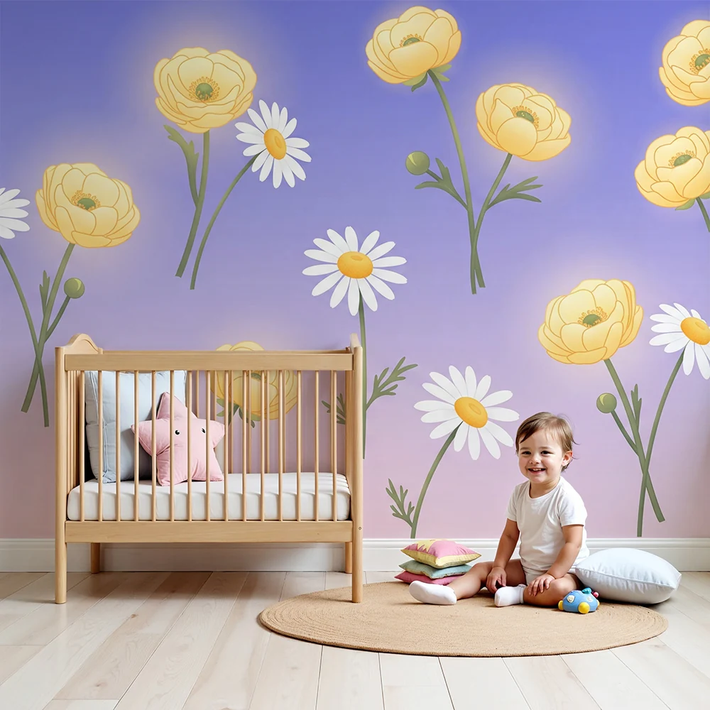 Papel de parede quarto bebê | Жълти цветя и маргаритки на пастелен фон