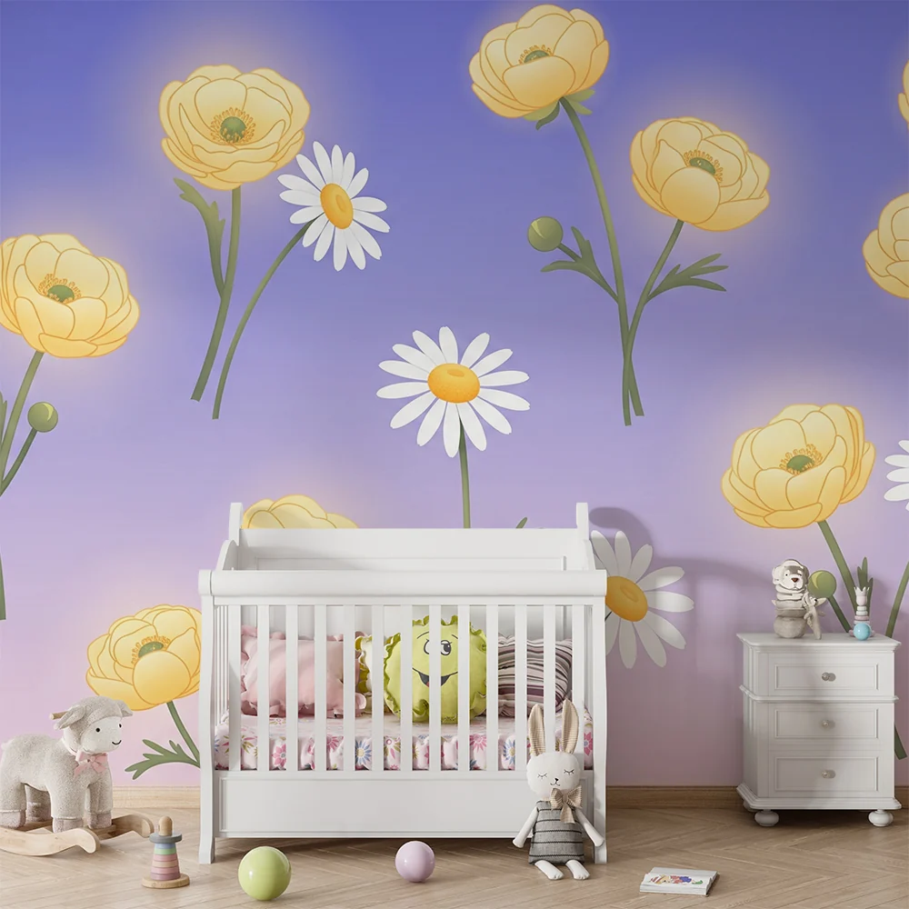 Papel de parede quarto bebê | Жълти цветя и маргаритки на пастелен фон