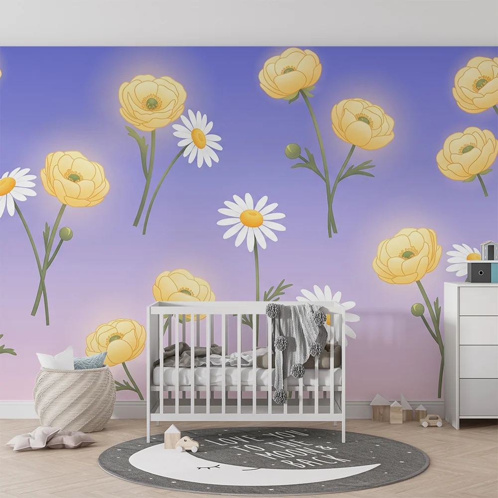 Papel de parede quarto bebê | Жълти цветя и маргаритки на пастелен фон