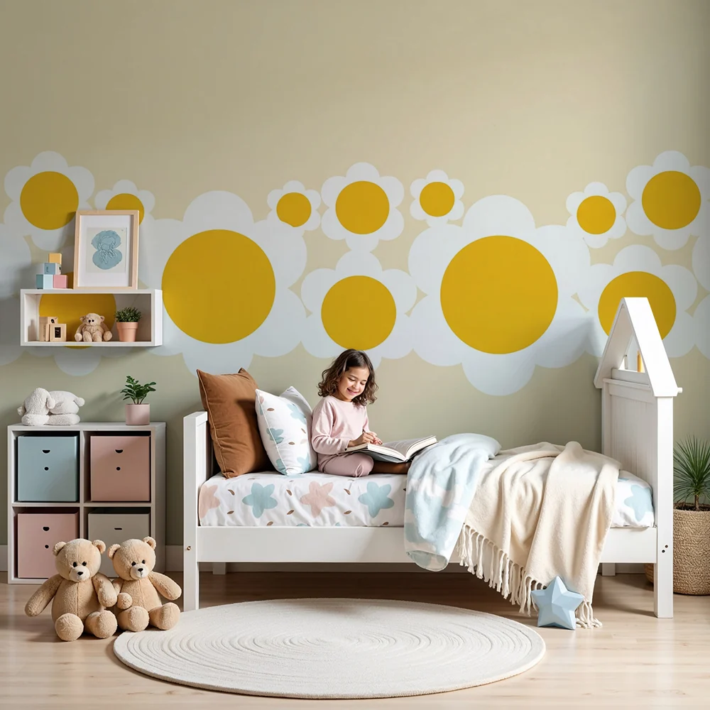Papel de parede quarto bebê | Жълти цветя и нежни облаци