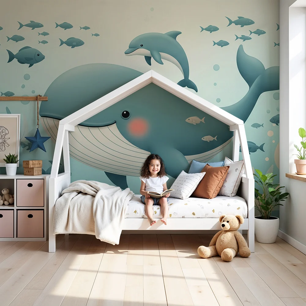 Papel de parede quarto bebê | Весела китка и морски приятели в умиряващо подводно свят