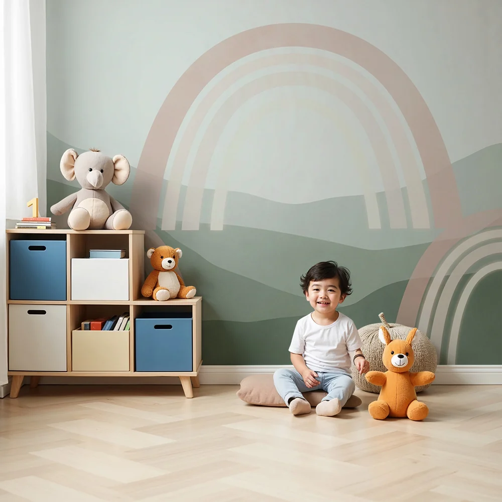 Papel de parede quarto bebê | Меки дъги върху фон на успокояващи хълмове