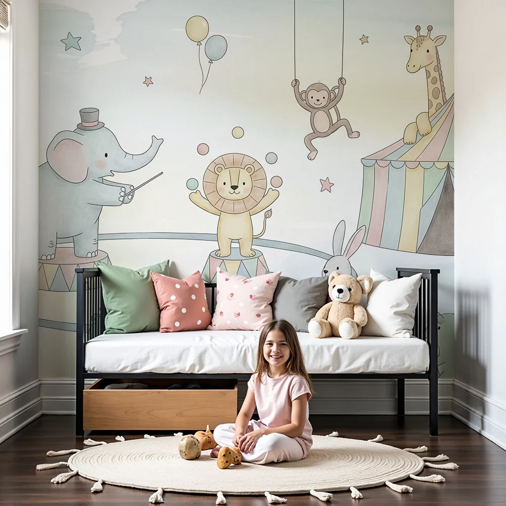 Papel de parede quarto bebê | Очарователен цирк с забавни животни