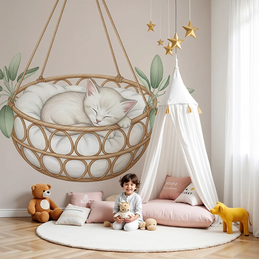 Papel de parede quarto bebê | Коте, спящо в окачена кошара