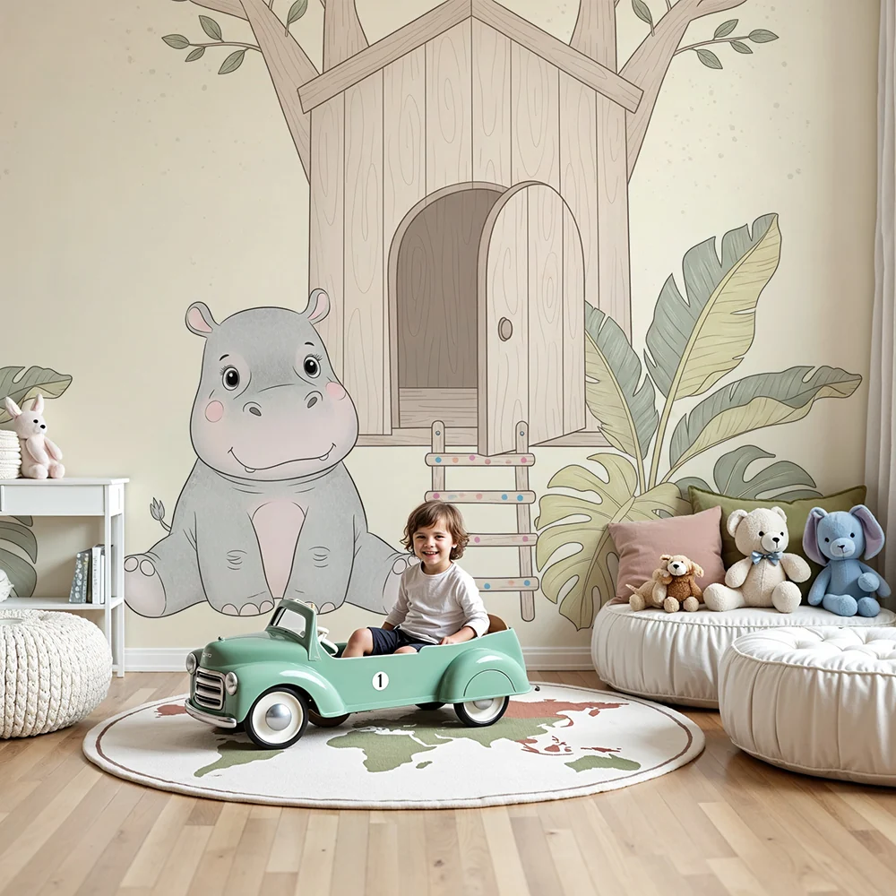 Papel de parede quarto bebê | Ярко и мило хипопотам и къща на дървета