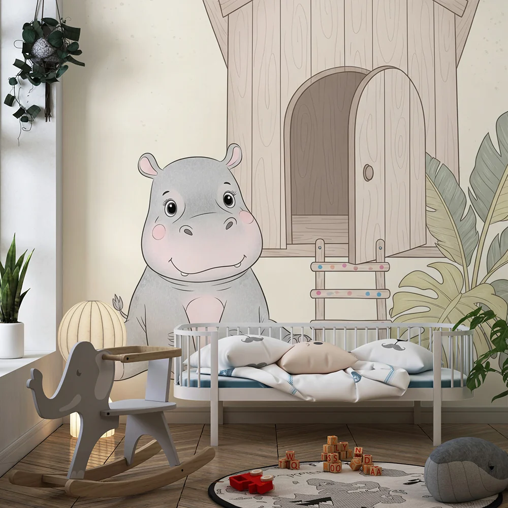 Papel de parede quarto bebê | Ярко и мило хипопотам и къща на дървета