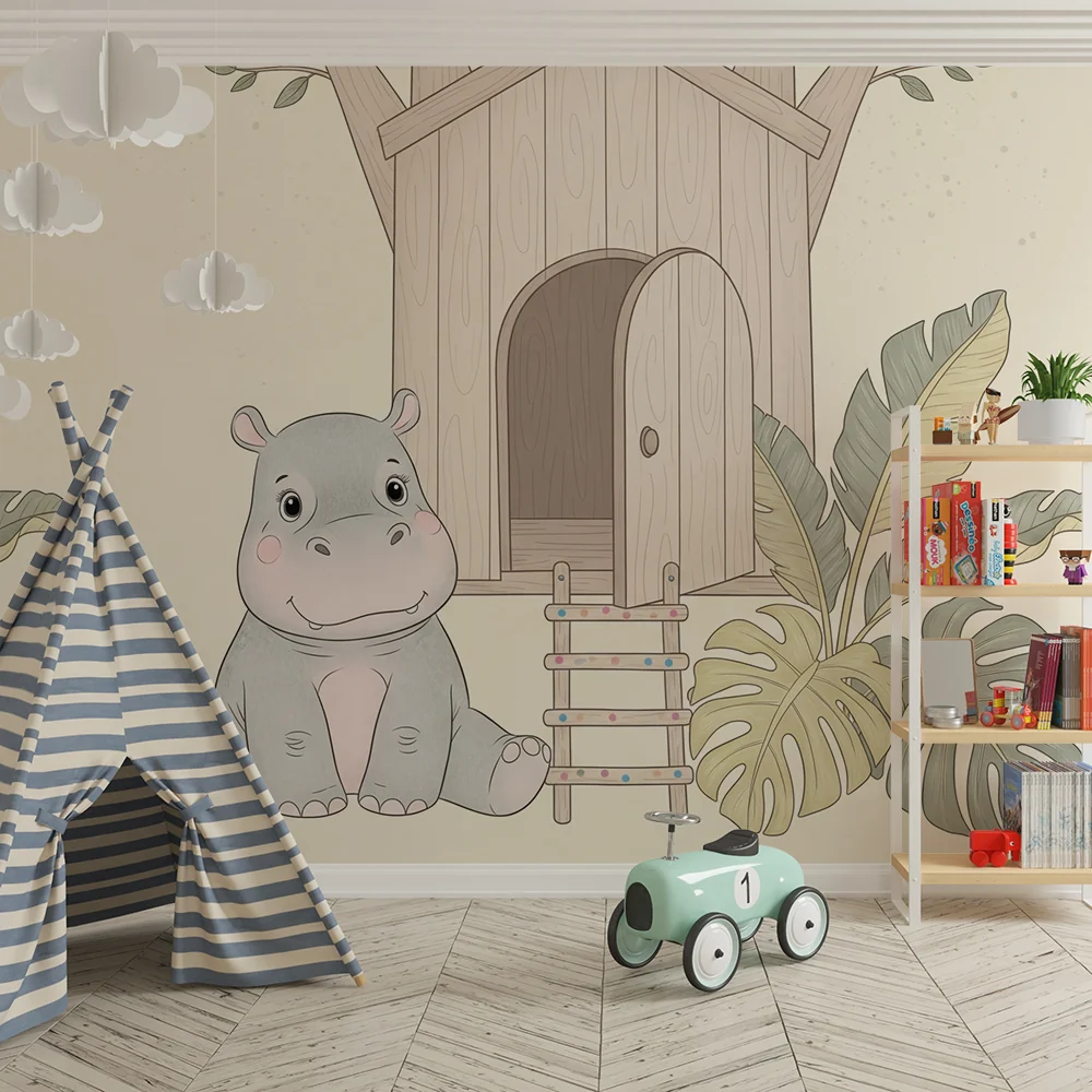 Papel de parede quarto bebê | Ярко и мило хипопотам и къща на дървета