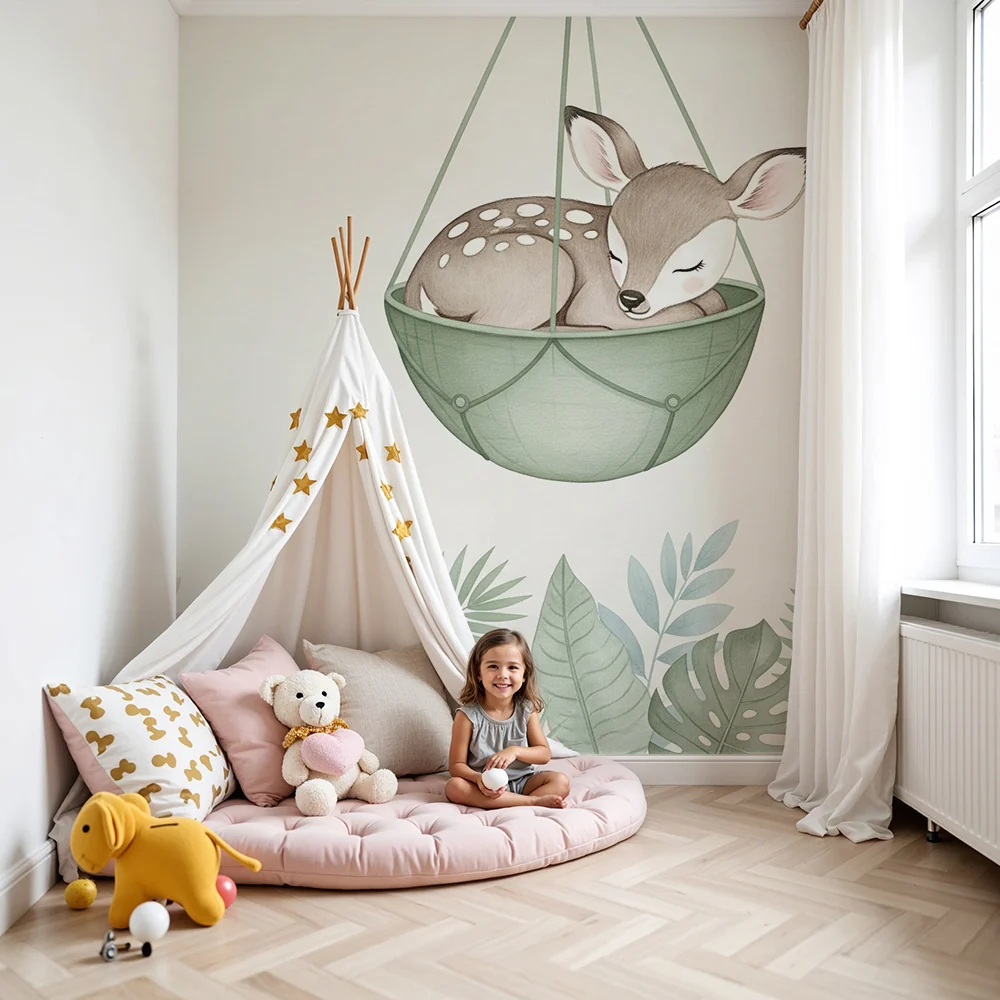 Papel de parede quarto bebê | Спяща сърна в окачена кошница