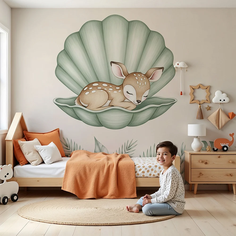 Papel de parede quarto bebê | Заспалата сърна в раковина с тропически цветя