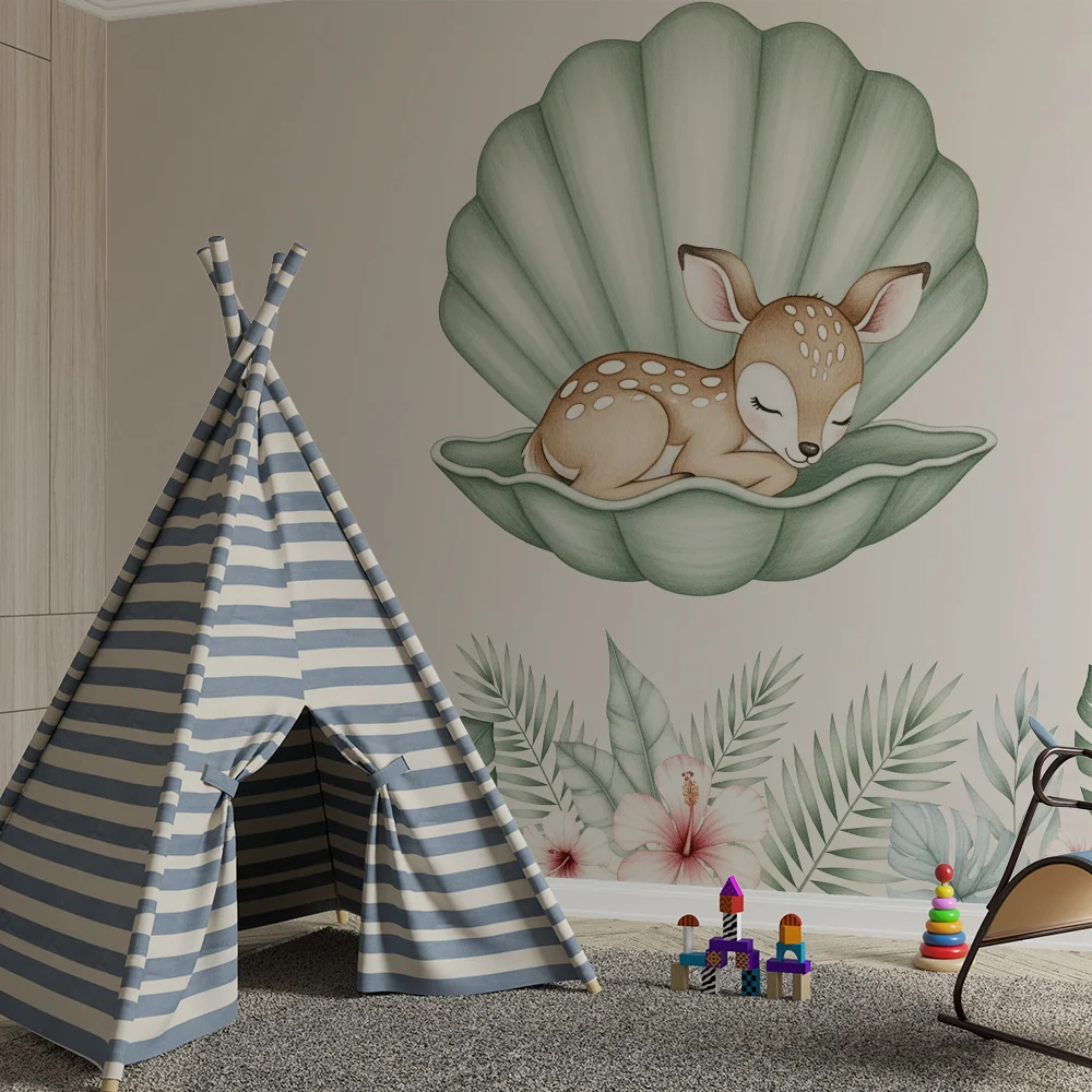 Papel de parede quarto bebê | Заспалата сърна в раковина с тропически цветя