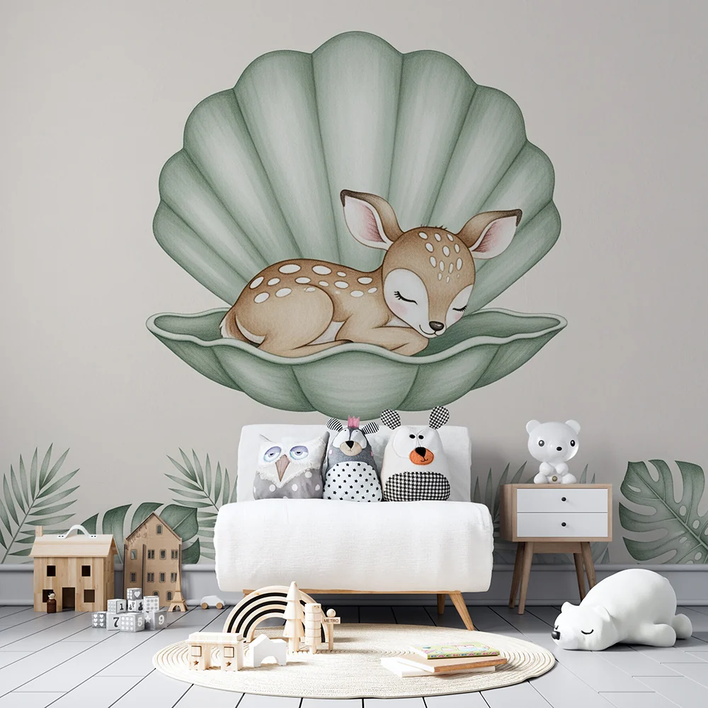 Papel de parede quarto bebê | Заспалата сърна в раковина с тропически цветя