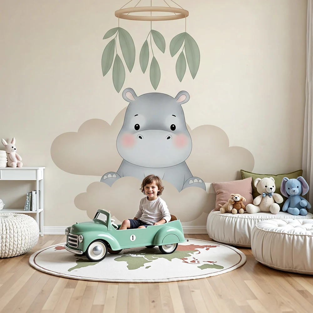 Papel de parede quarto bebê | Симпатичен хипопотам в облаците