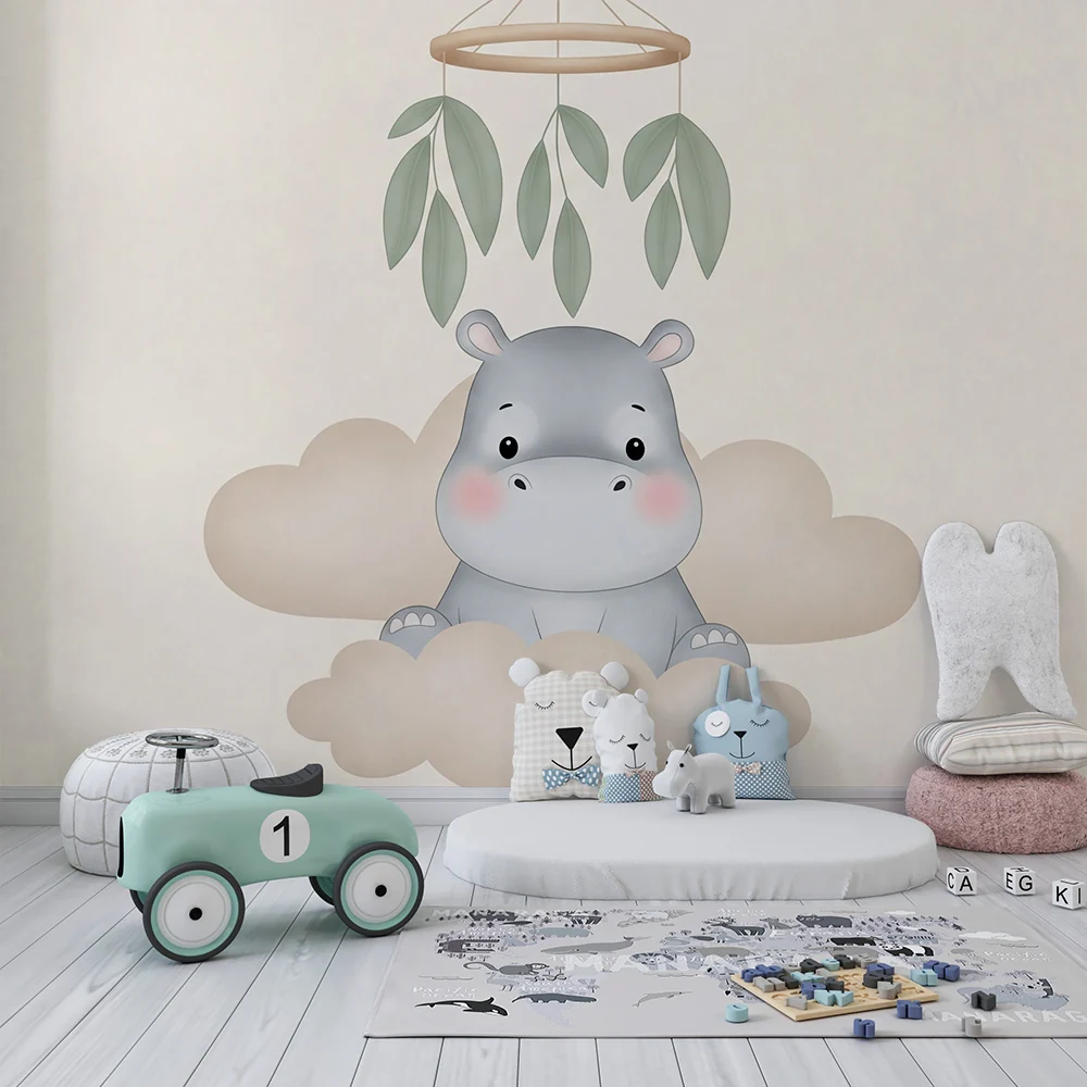 Papel de parede quarto bebê | Симпатичен хипопотам в облаците