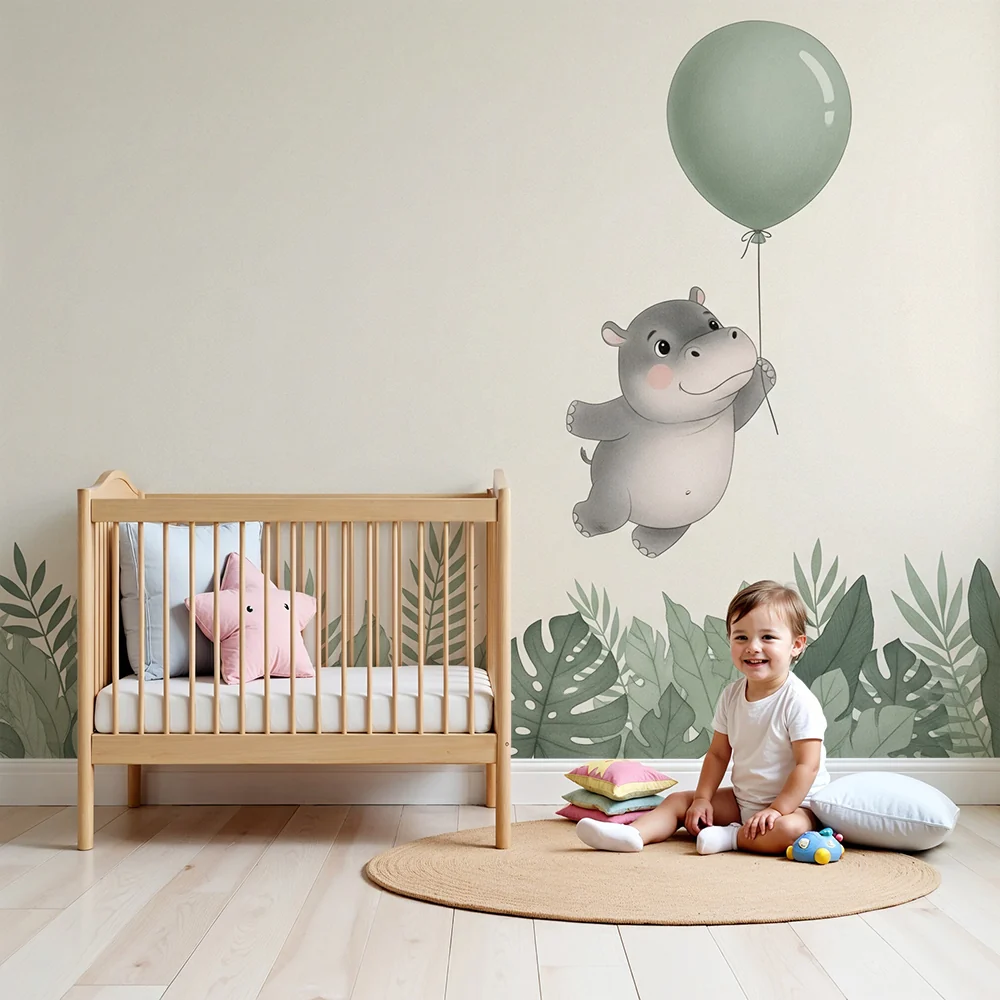 Papel de parede quarto bebê | Весел хипопотам с балон