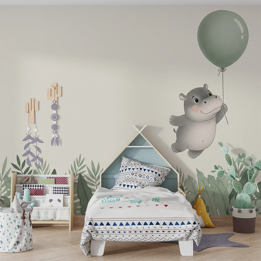 Papel de parede quarto bebê | Весел хипопотам с балон