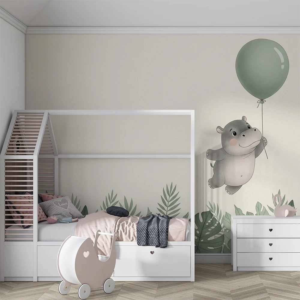 Papel de parede quarto bebê | Весел хипопотам с балон