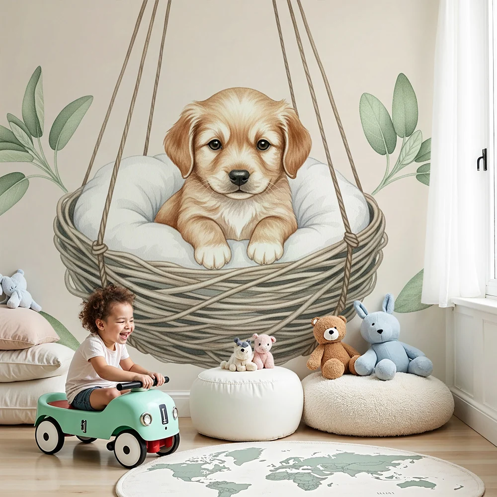 Papel de parede quarto bebê | Кученце в окачена кошница