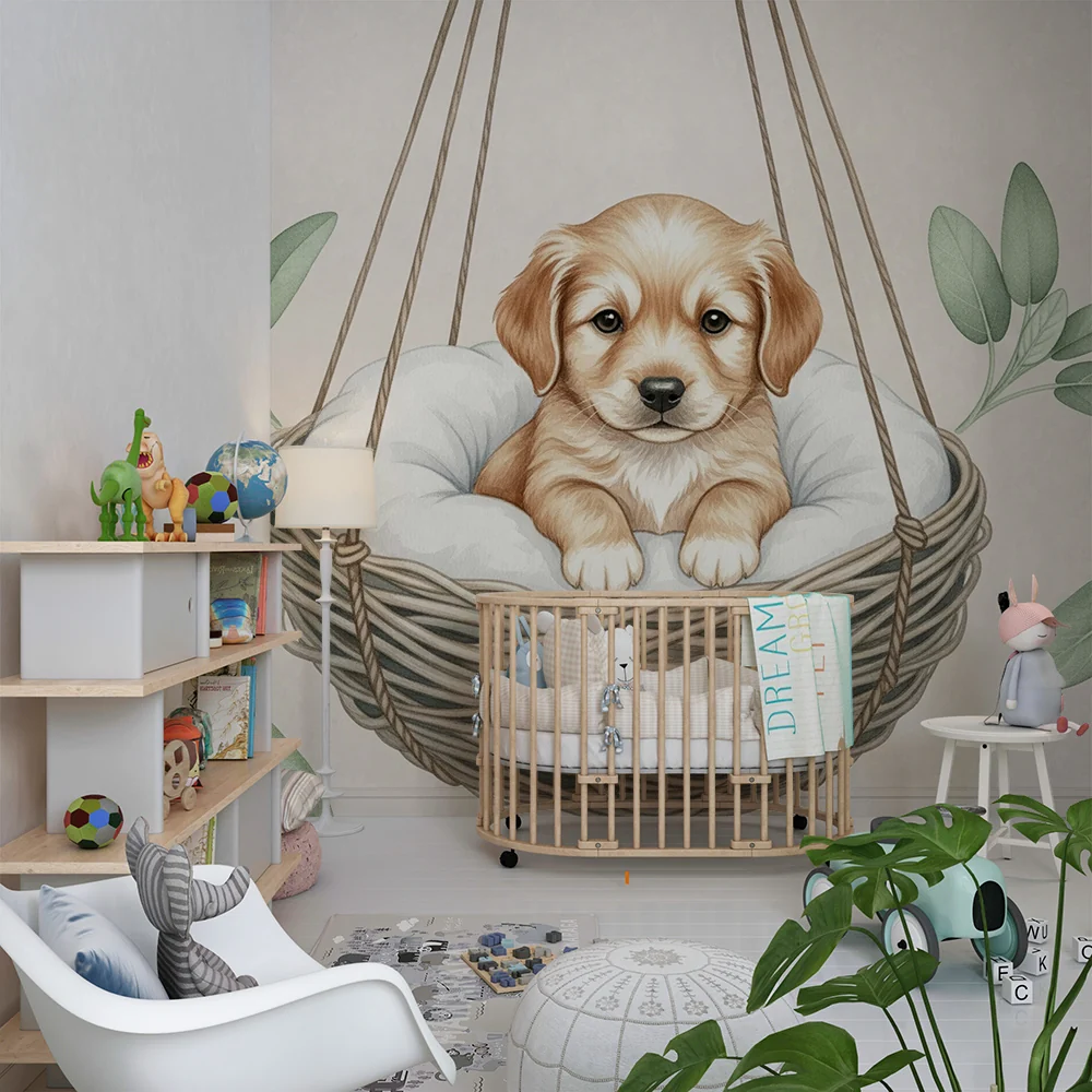 Papel de parede quarto bebê | Кученце в окачена кошница