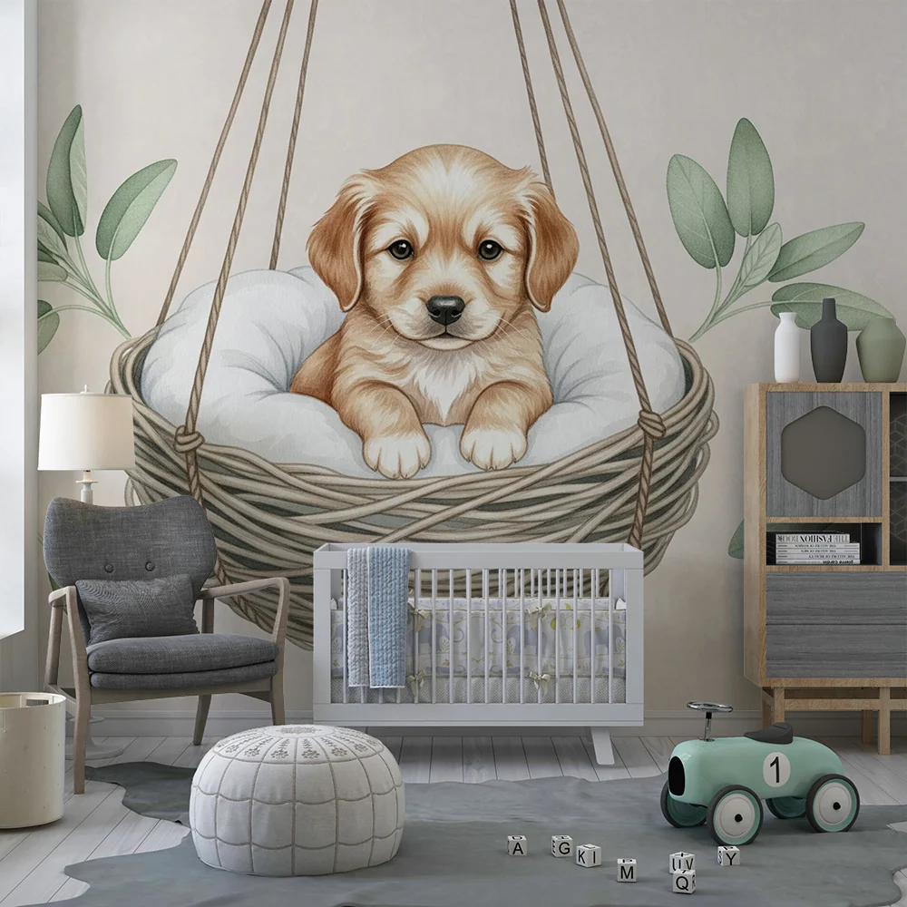Papel de parede quarto bebê | Кученце в окачена кошница