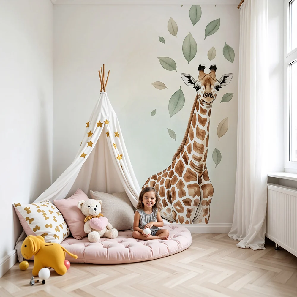 Papel de parede quarto bebê | Жираф и нежни листа