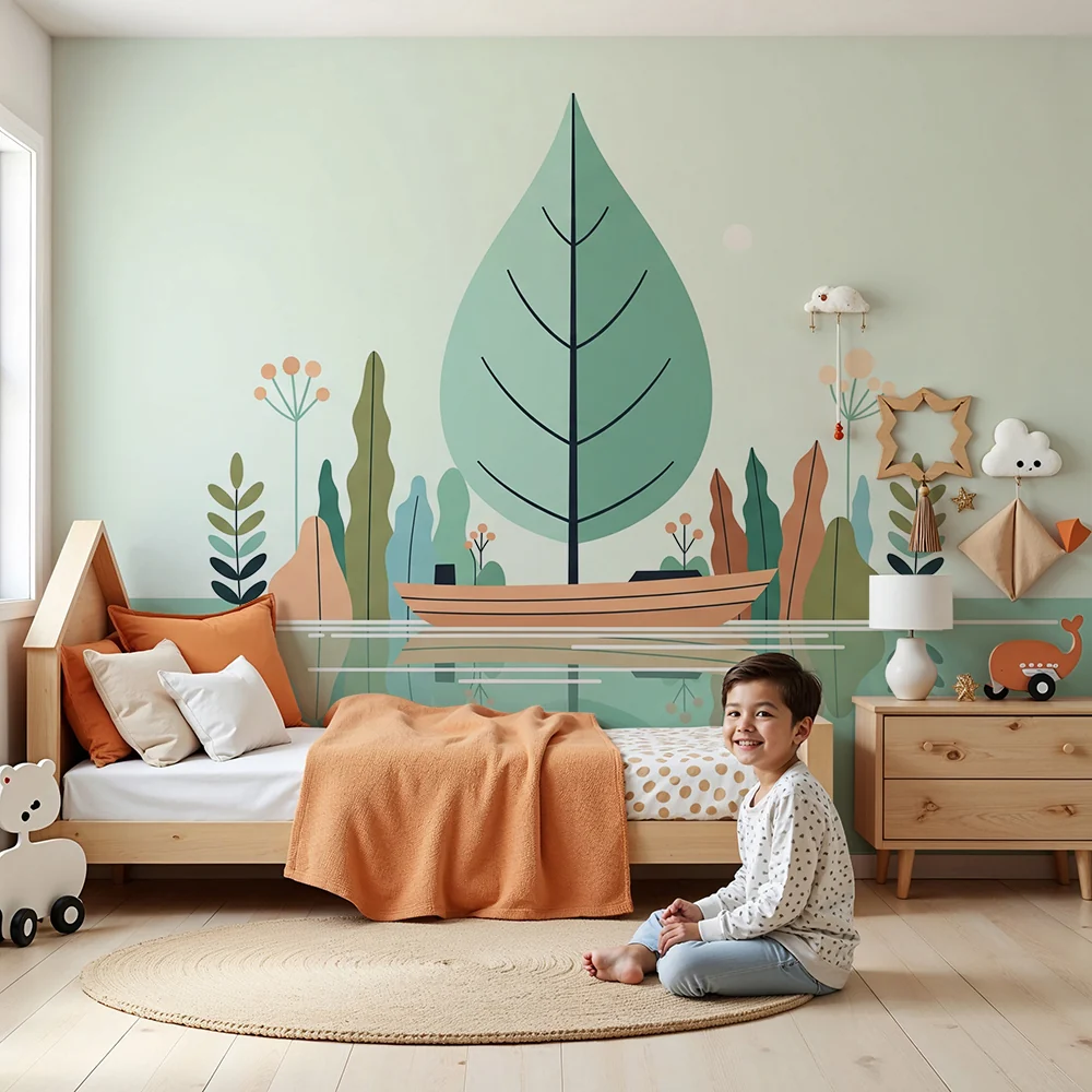 Papel de parede quarto bebê | Покоен кораб и цветно листва върху спокоен езерен бряг
