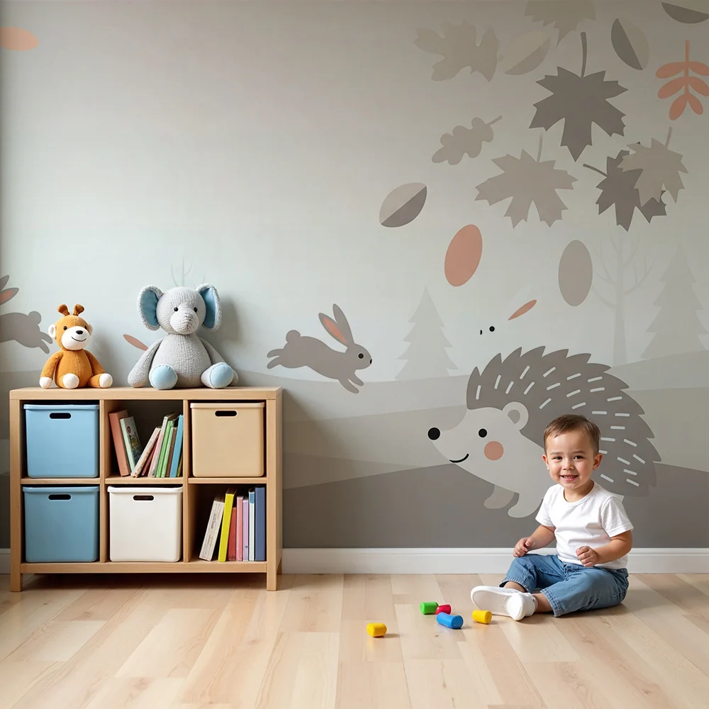 Papel de parede quarto bebê | Зайци и игливици в нежна есенна пейзажна