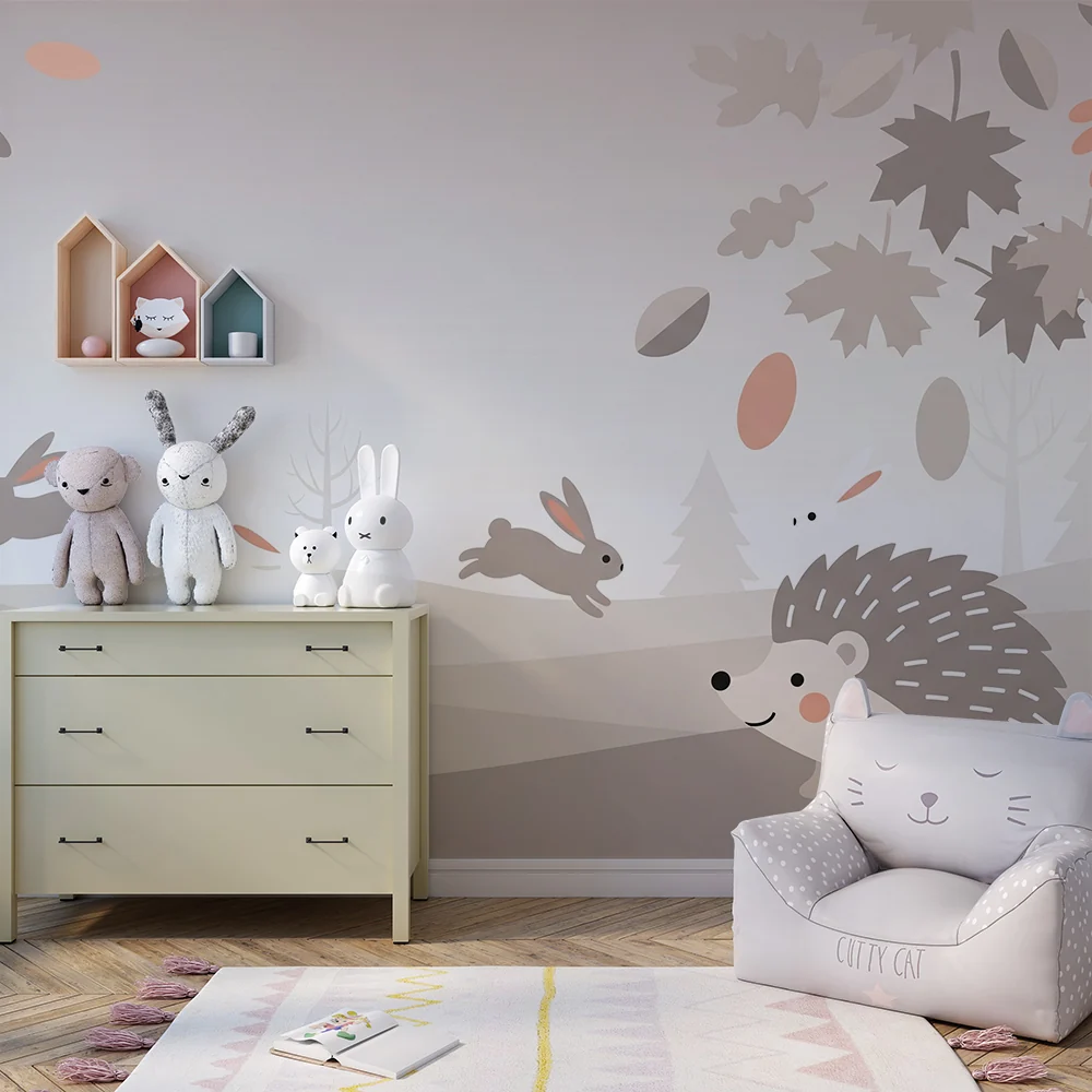 Papel de parede quarto bebê | Зайци и игливици в нежна есенна пейзажна