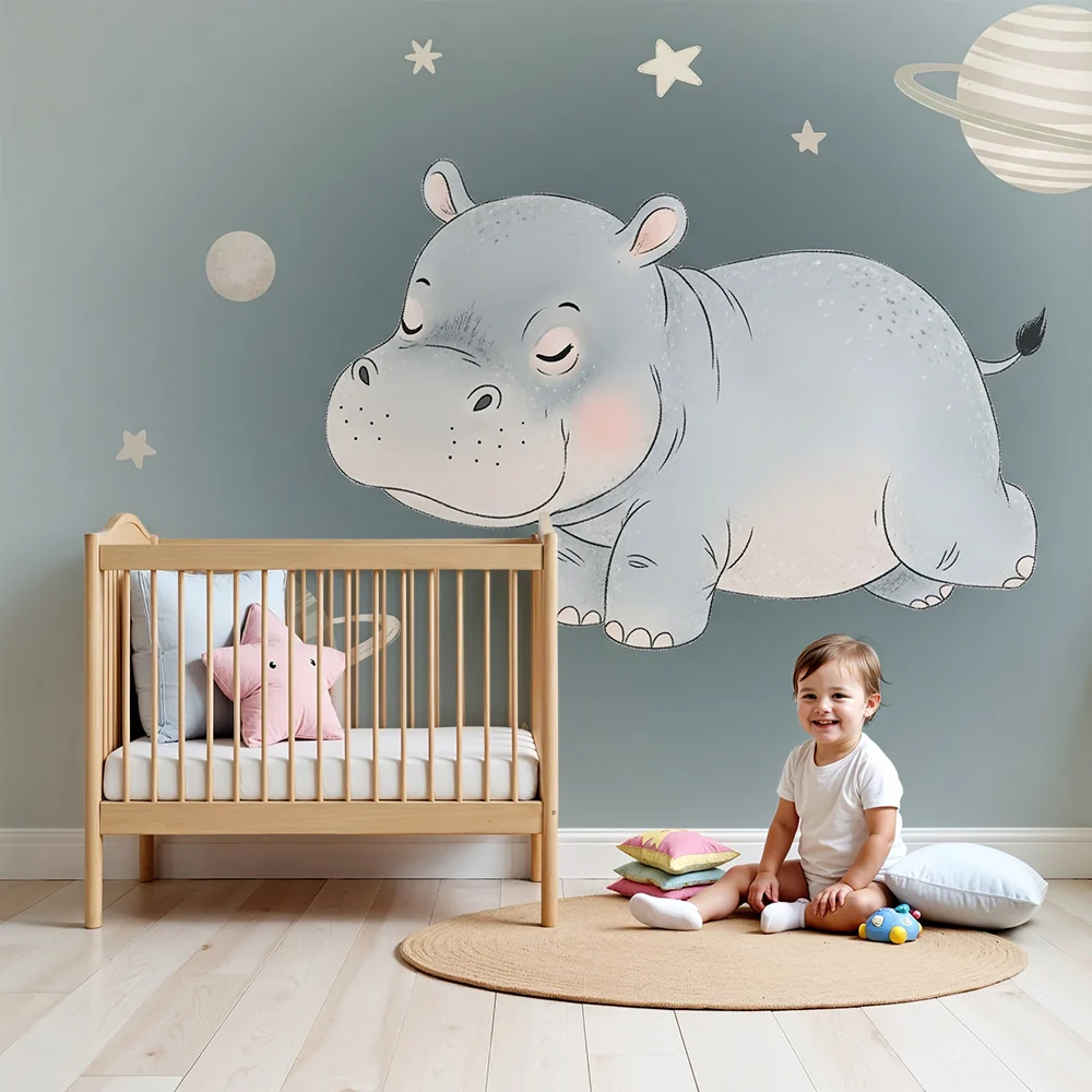 Papel de parede quarto bebê | Спяща хипопотам сред звездите