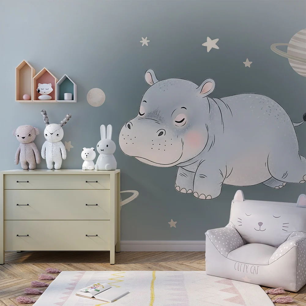 Papel de parede quarto bebê | Спяща хипопотам сред звездите