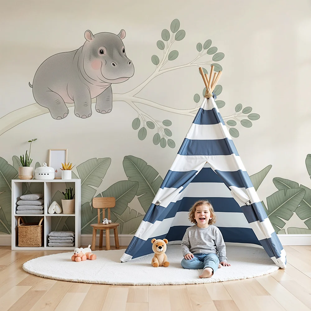 Papel de parede quarto bebê | Любопитна хипопотам на клон