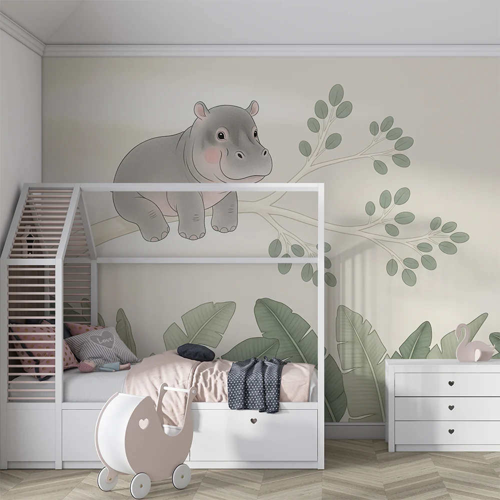 Papel de parede quarto bebê | Любопитна хипопотам на клон