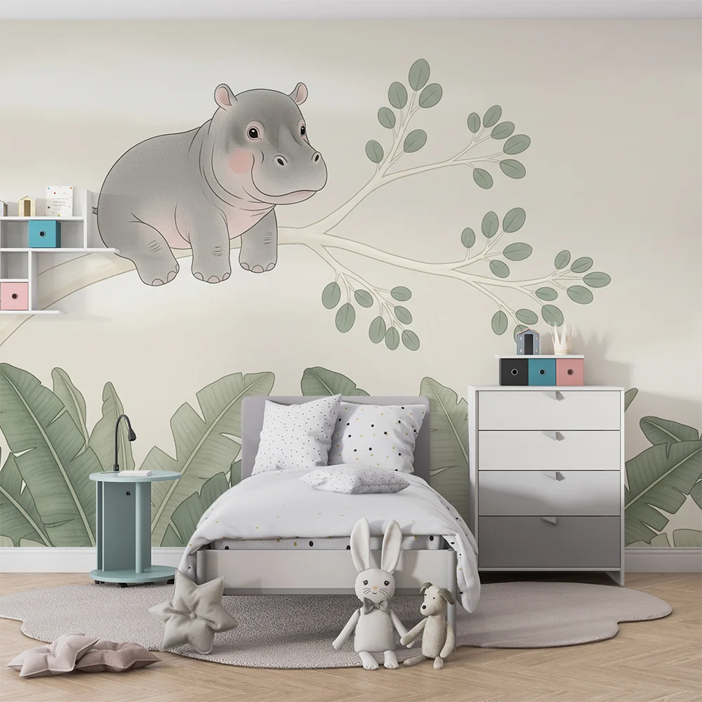 Papel de parede quarto bebê | Любопитна хипопотам на клон