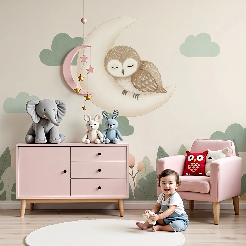 Papel de parede quarto bebê | Спяща сова на луната