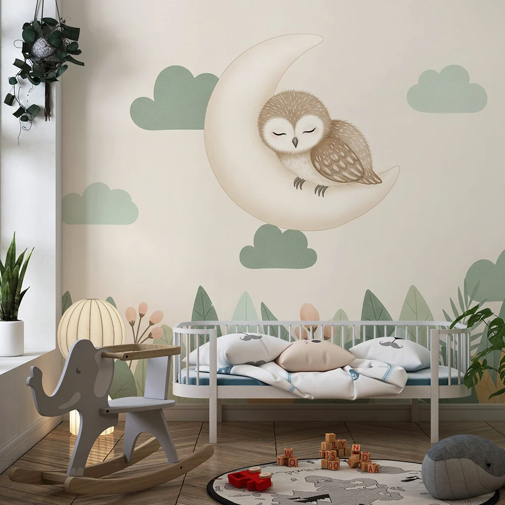Papel de parede quarto bebê | Спяща сова на луната