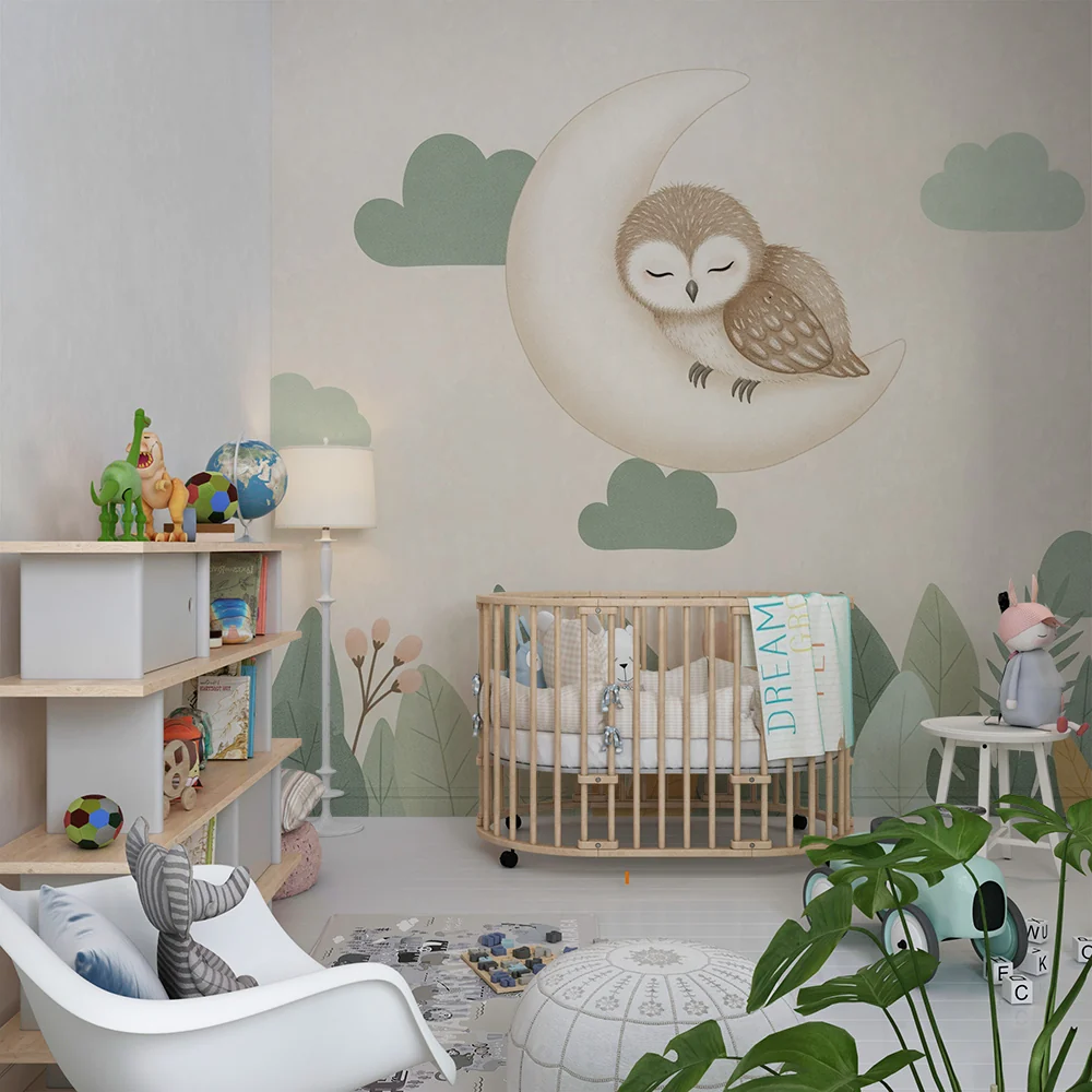 Papel de parede quarto bebê | Спяща сова на луната