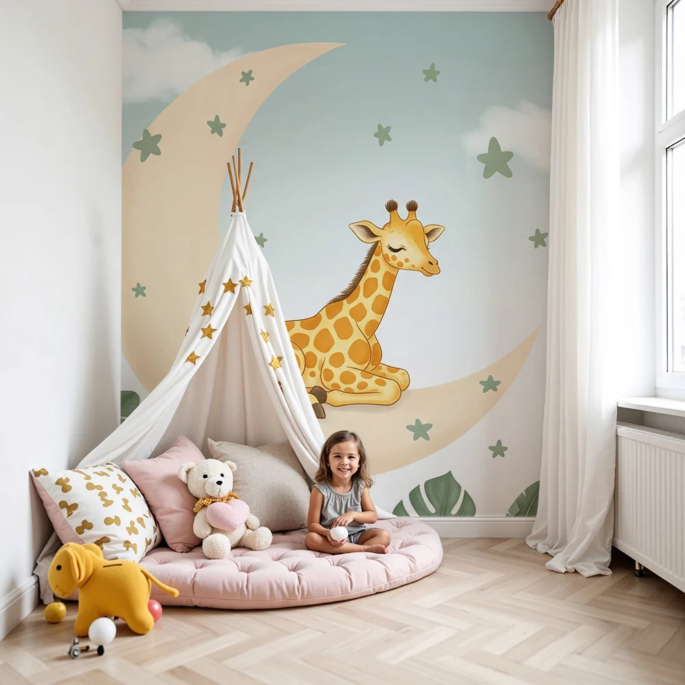 Papel de parede quarto bebê | Заспала жирафа на луната