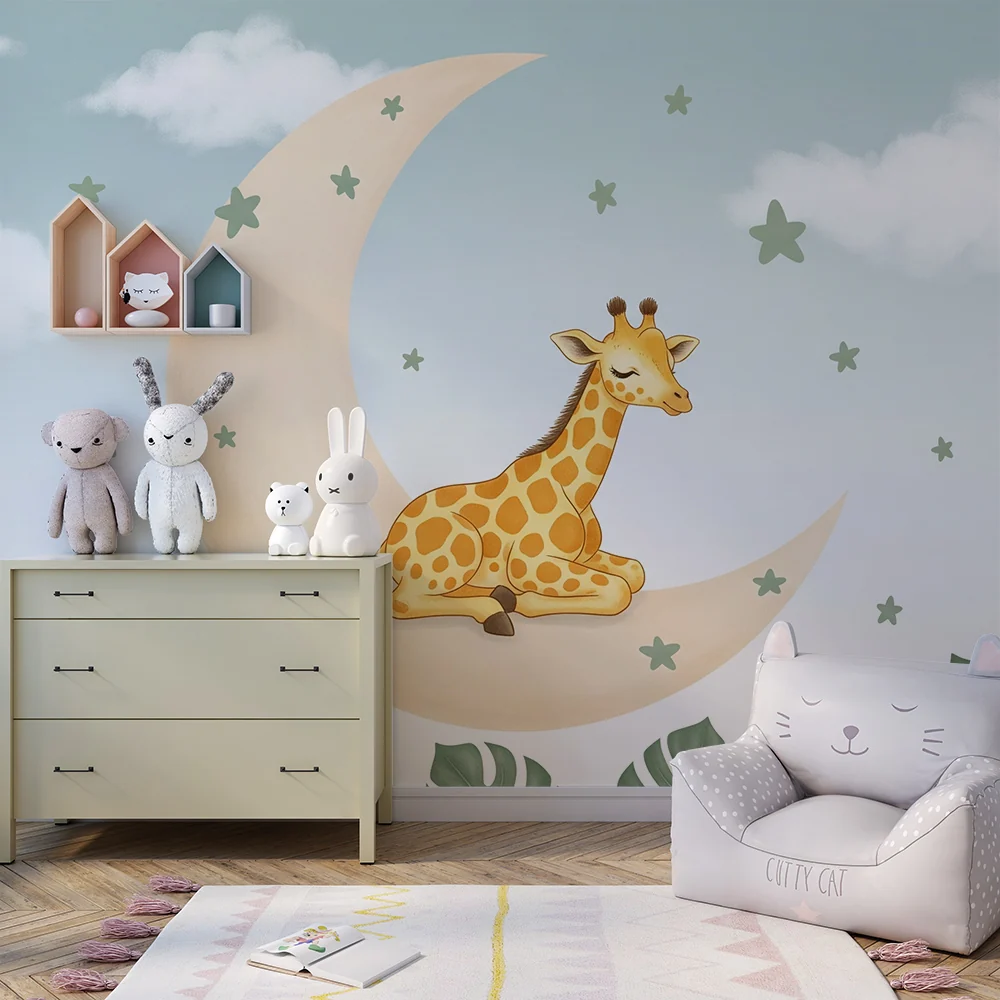 Papel de parede quarto bebê | Заспала жирафа на луната