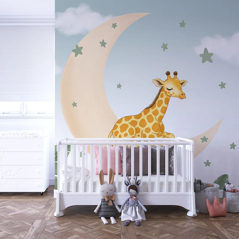 Papel de parede quarto bebê | Заспала жирафа на луната
